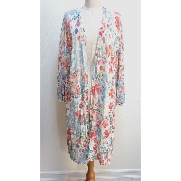 J. JILL Linen Blend Flora White Orange Boho Knee Length Cardigan Sz XL - Picture 2 of 7